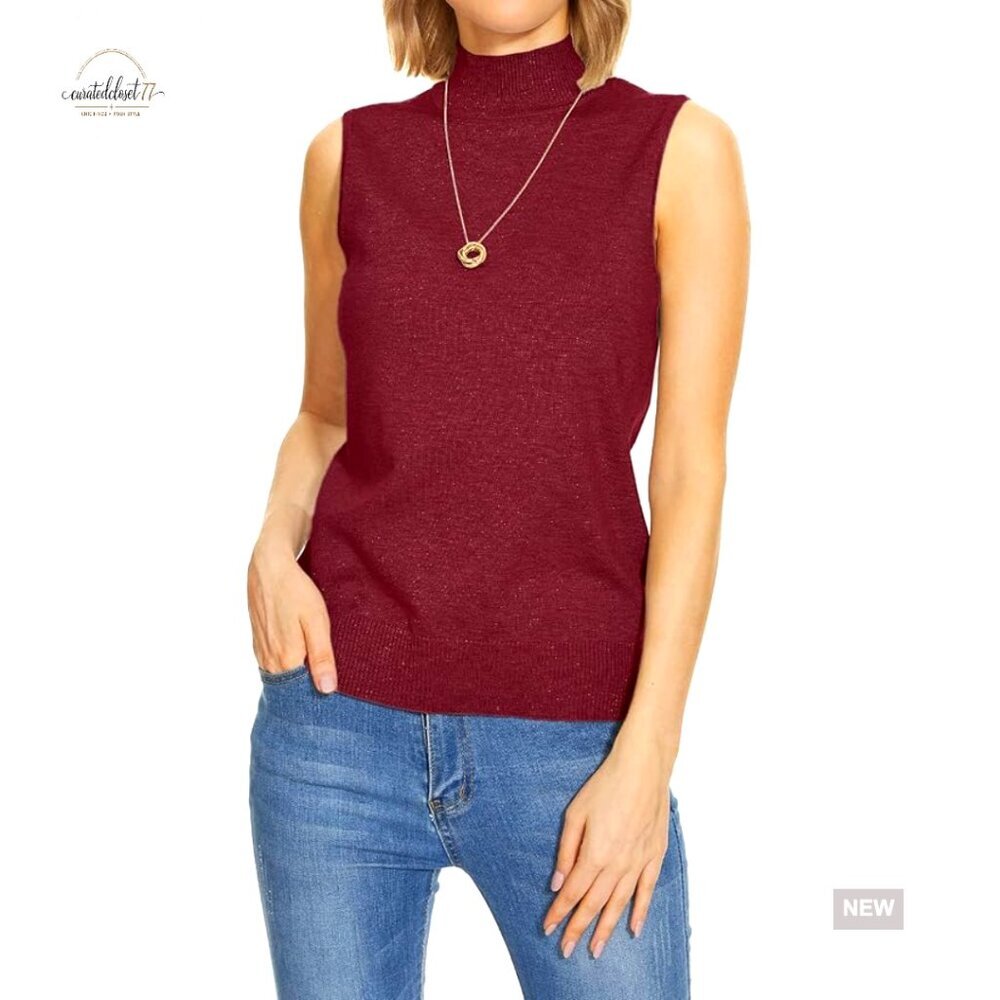 Sleeveless Mock Neck Turtleneck Vest Ribbed Trim Classic Fit Knit Top